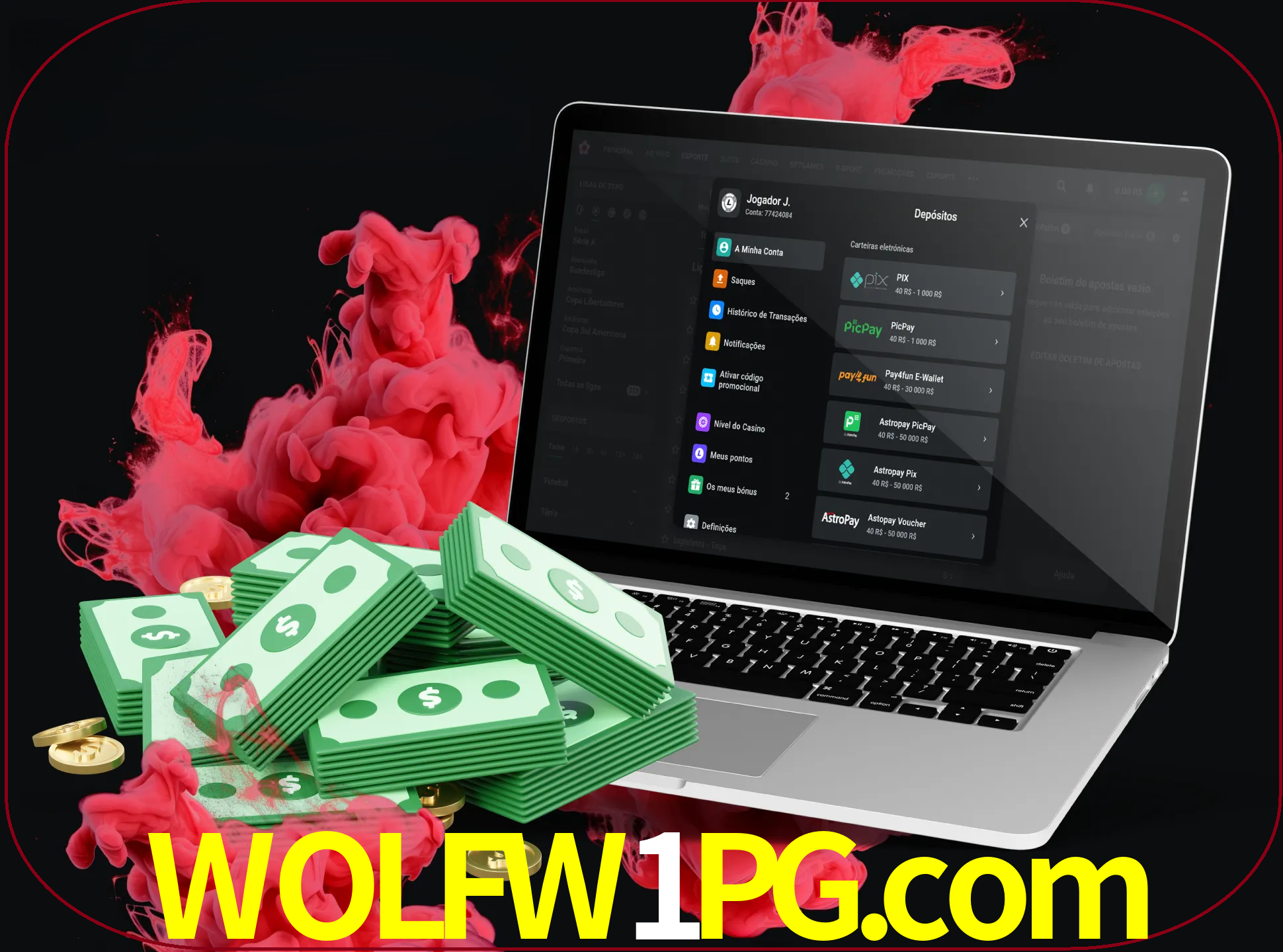 Para efetuar um depósito na sua conta wolfw1pg, basta escolher o método de depósito e especificar o montante.